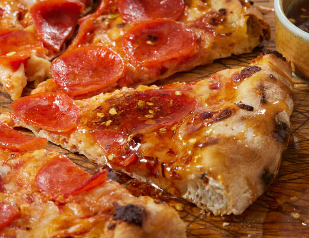 Pepperoni Pizza with great honey